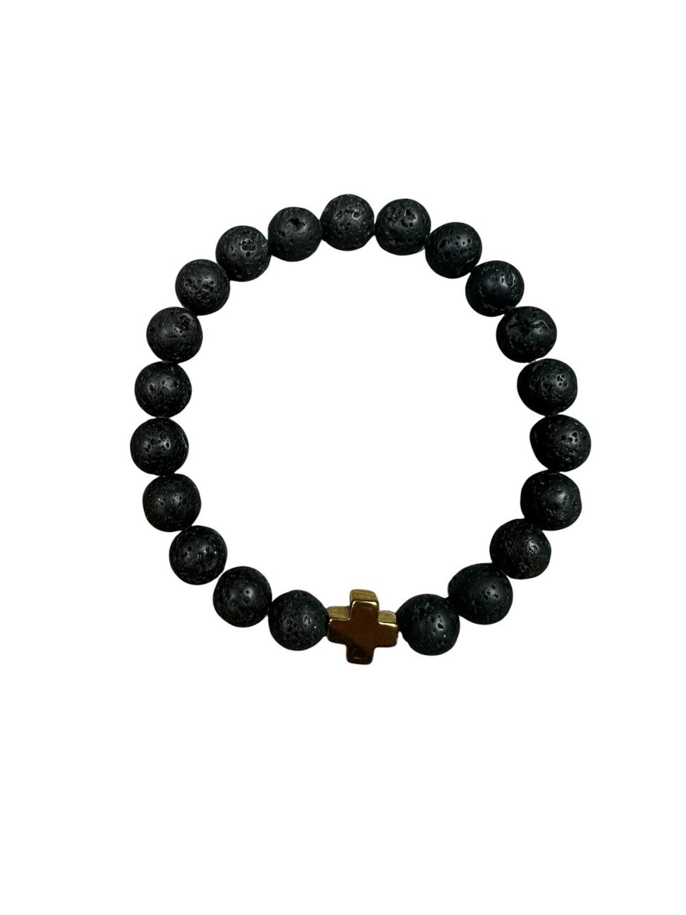 Andrew Christian Gold Cross Black Bead Stretch Bracelet — OS